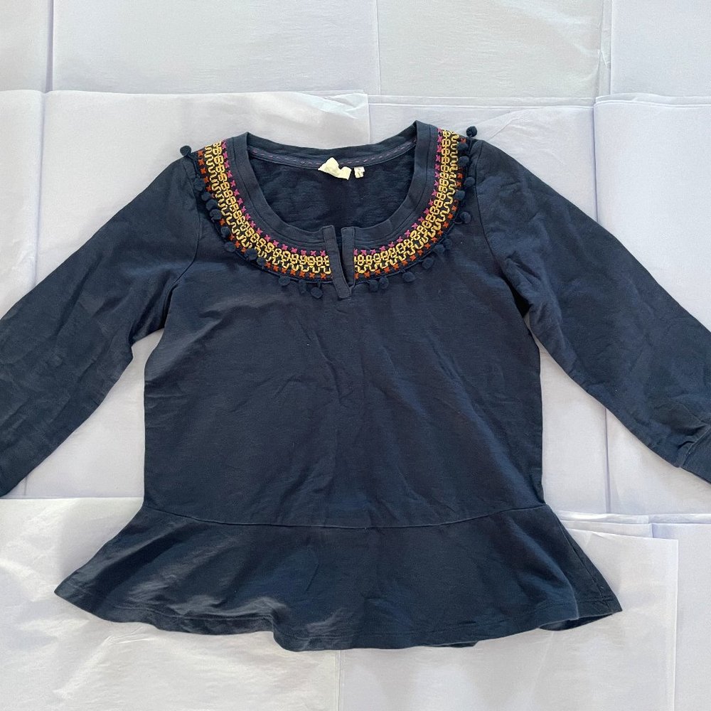 Anthropologie Navy Blue Embroidered Cotton Peplum Top Loungewear by Lilka size S